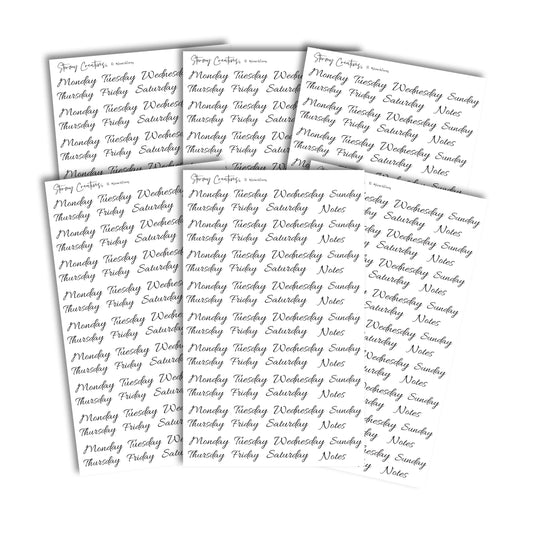 Stormy Creatives Days of the Week Planner Stickers in Black, 2 Sheets