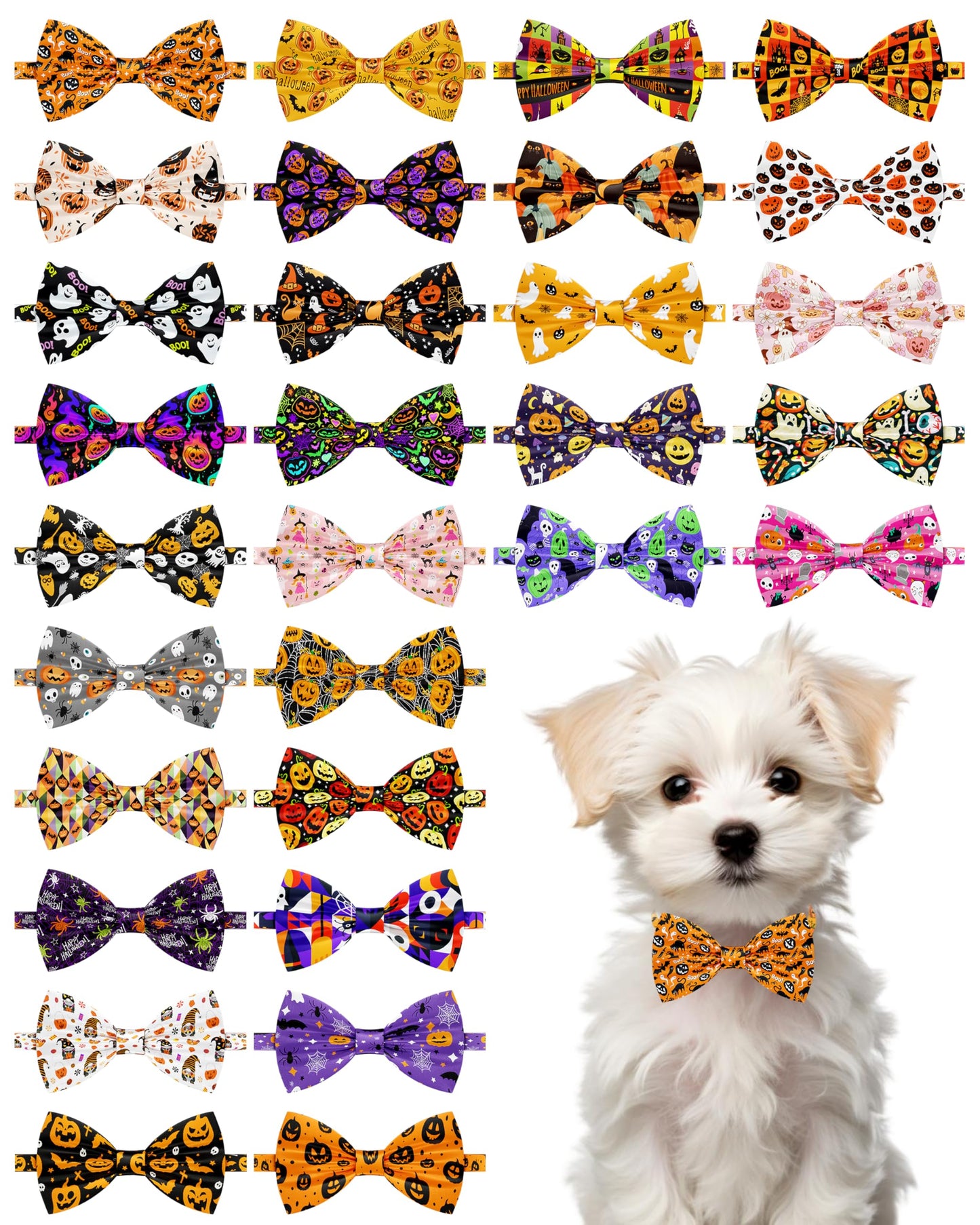PET SHOW 30 Pack Halloween Small Dog Collar Bow Ties Bulk Puppy Cats Adjustable Bowties for Medium Dogs Pumpkin Ghost Bowknots Pet Grooming Accessories (Small)