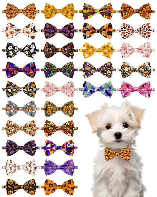 PET SHOW 30 Pack Halloween Small Dog Collar Bow Ties Bulk Puppy Cats Adjustable Bowties for Medium Dogs Pumpkin Ghost Bowknots Pet Grooming Accessories (Small)