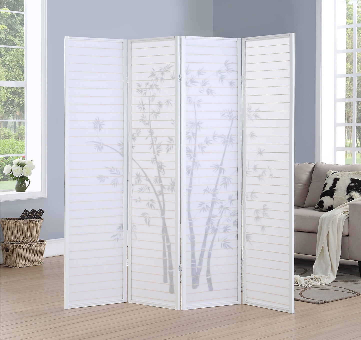 Roundhill Bamboo Print 4-Panel Framed Room Screen/Divider, white