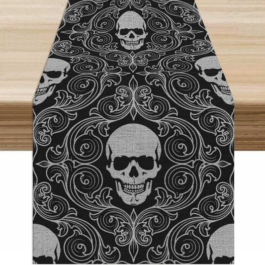 Gothic Skull Table Runner Black Abstract Halloween Damask Geometric Striped Skeleton Table Decor Table Top Kitchen Dining Wedding Party 13x60 in