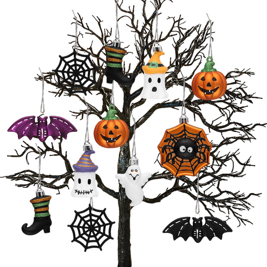 Valery Madelyn Halloween Ornaments Decorations Indoor for Mini Tree, 12ct Variety Shatterproof Decorative Hanging Ball Ornament Set with Spider Bat Ghost Jack-o'-Lantern Pumpkin for Holiday Party Home