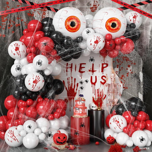Halloween Balloons Arch Scary Bloody Red White Balloons Garland with Spider Web 3D Spider Stickers Eyeball Blood Handprint Latex Helium Balloon Halloween Birthday Party Decorations Haunted House