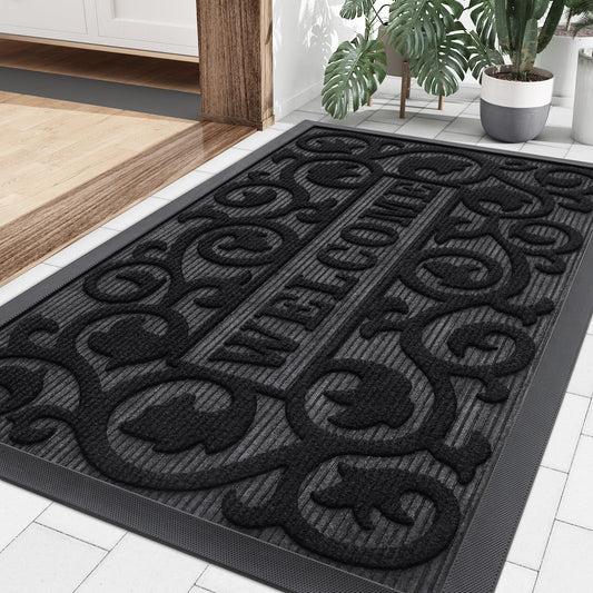 Smiry Welcome Door Mat Outside Entrance, Heavy Duty Trap Dirt and Moisture Easy Clean Low Profile Patio Porch Indoor Outdoor Front Doormat for Entry, 29.5x17 Inch, Black