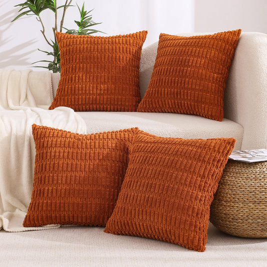 All Smiles Rust Corduroy Throw Pillow Covers 20x20 Set of 4, Fall Boho Farmhouse Square Cushion Case for Living Room Couch Bed Sofa, Burnt Orange Terracotta Thanksgiving Halloween Decor