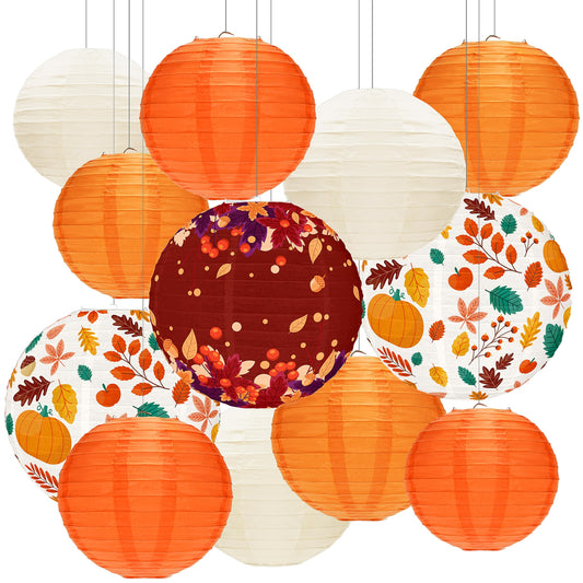 12 Pcs Fall Paper Lanterns Thanksgiving Orange Paper Lanterns Party Decorations, Maple Leaves Paper Lanterns Harvest Decorations for Autumn Birthday Party Indoor Outdoor Decor