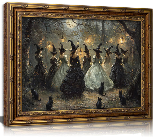 Vintage Gold Framed Canvas Wall Art Dark Academia Gothic Black Cat Painting Picture Wall Decor Halloween Moody Aesthetic Witches Dancing Scene Forest Poster Print Artwork for Living room Bedroom