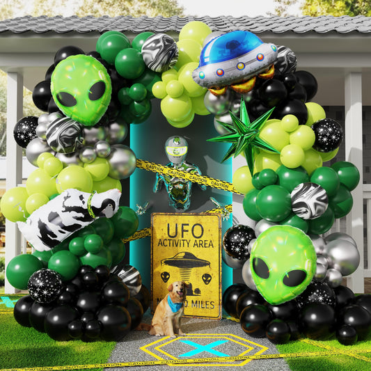 Enanal 154pcs Alien Balloon Arch Kit - Green Black Silver Latex Balloons with Alien/UFO/Cow/Burst Foil Balloons for Alien Decorations, Space Birthday, Trunk or Treat Car Decor
