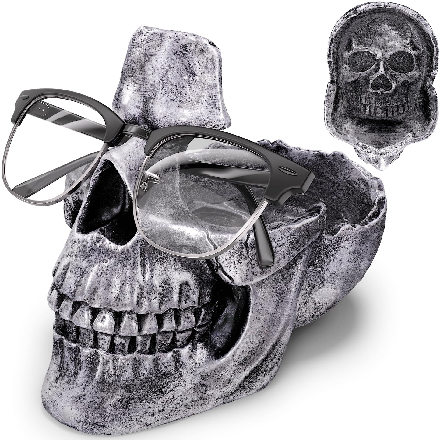 READAEER Skull Glasses Stand Holder, Creative Eyeglasses Holder, Sunglasses Spectacle Display Rack, Key Holder Resin Sculptures for Entryway, Home, Office, Desk, Nightstand (Silver)
