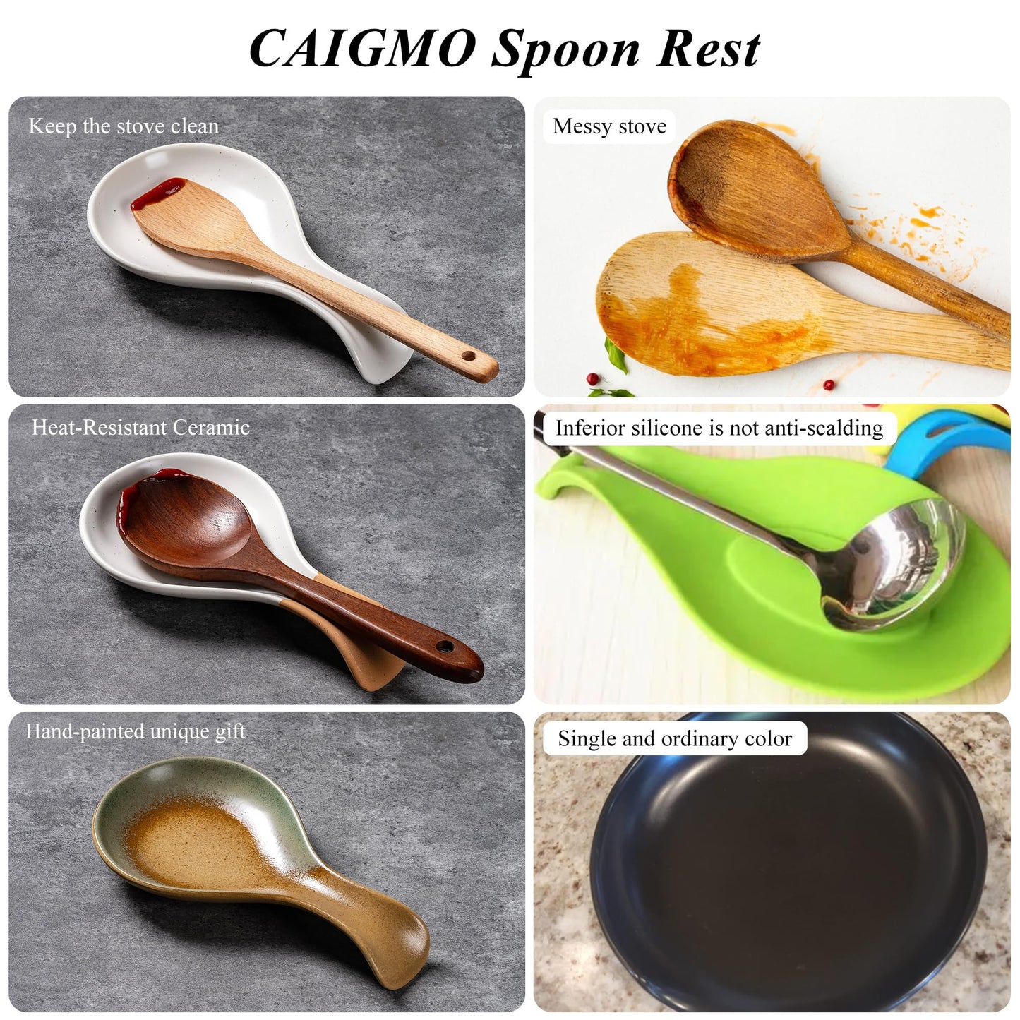 Caigmo Spoon Rest for Stove Top, Heat Resistant Ceramic Utensil Rest for Kitchen Countertop, Coffee Spoon Holder, Dishwasher Safe, White