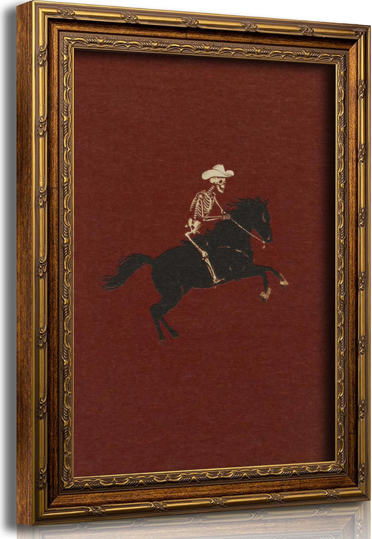 Electrilucn Gold Framed Vintage Skeleton Cowboy Riding Horse Canvas Wall Art Poster Black Horse Painting Picture Rustic Gothic Western Cowboy Halloween Wall Decor for Living Room Bedroom 9x11in