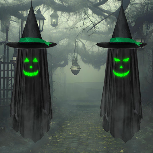 LINAYE 2 Pack Halloween Hanging Decorations Outdoor, Hanging Spooky Ghost with Glowing Face in the Dark, Halloween Decorations Decor Outdoor Outside for Garden, Tree, Porch, Lawn