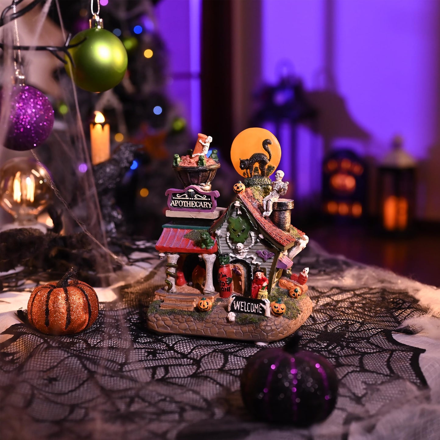 Valery Madelyn Halloween Decorations, Lighted Halloween Village Houses with Music and LED Lights, Resin Haunted House Spooky Town Scary Witch's Potion for Home and Party Table Desk Mantel, 8 Inch