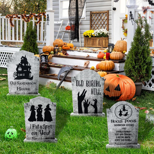 4PCS Halloween Decorations Outdoor Graveyard Tombstone Yard Sign with Stakes-16.5"X11.5"Large Halloween Graveyard Tombstones Decor Weatherproof-Gravestones Outdoor Patio Props-Kids Home Party