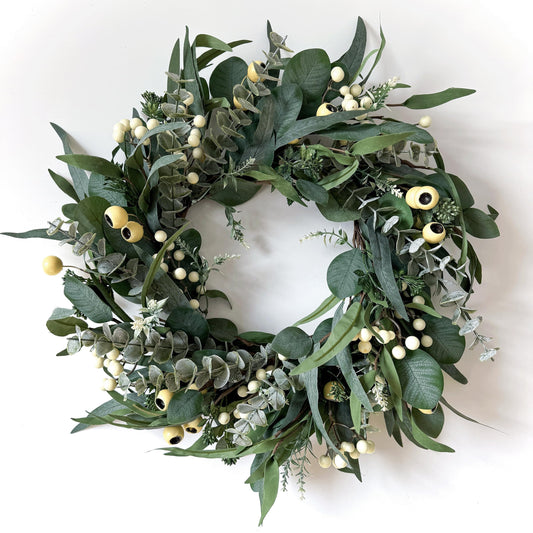 HomeKaren Wreaths for Front Door 22 Inch, All Season Greenery Wreath Olive Eucalyptus Leaves and White Mixed Berry for Indoor Outdoor Farmhouse Home Porch Wall Window Festival Wedding Decor