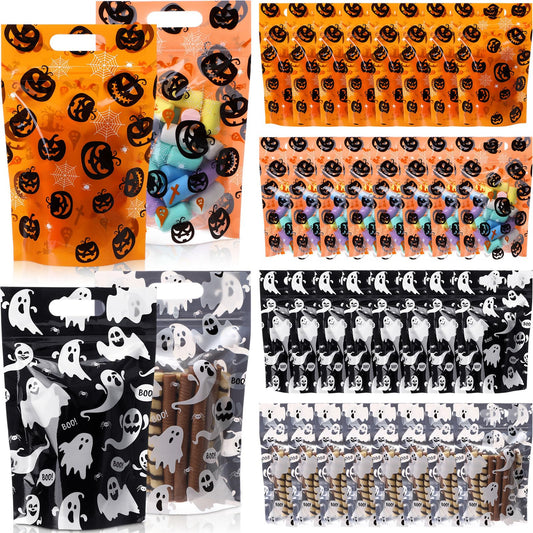 Gersoniel 100 Pcs Plastic Halloween Treat Bags with Handles Treat or Trick Halloween Goodie Gift Bag Resealable Pumpkin Ghost Candy Cellophane Zipper Bags for Gift Wrapping Supplies
