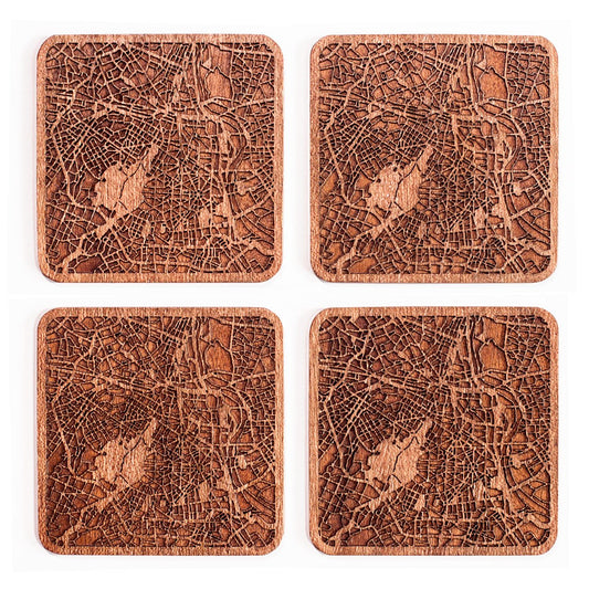 New Delhi Map Coaster by O3 Design Studio, Set Of 4, Sapele Wooden Coaster With City Map, Handmade
