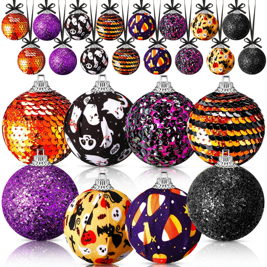 MiniInflat 24 Pcs Halloween Ball Ornaments for Tree 2 Inch Halloween Tree Decorations Pumpkin Ghost Bat Spider Glitter Ornaments with Sequins for Party Indoor Outdoor Decor Spooky Style Decor