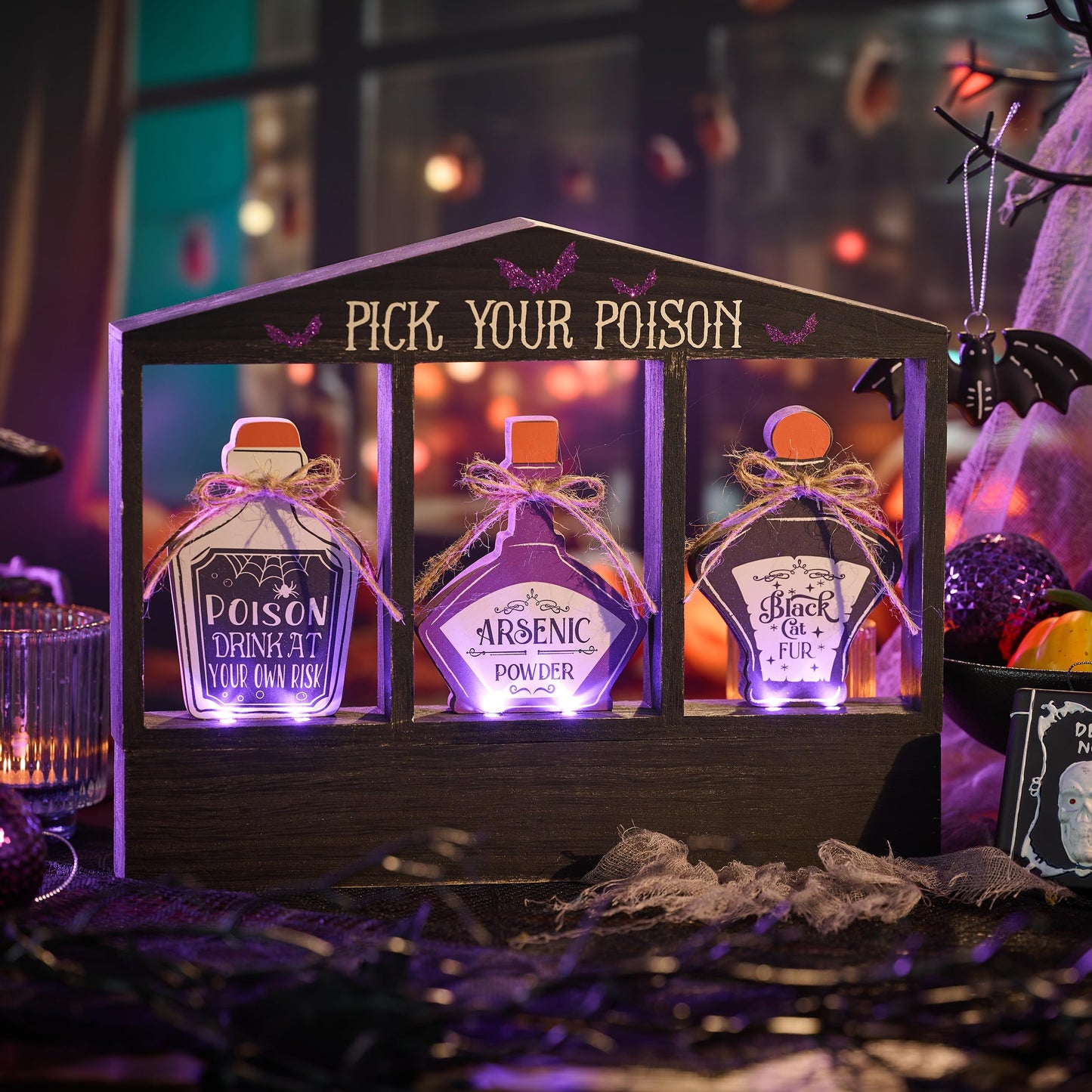 Valery Madelyn Halloween Decorations Indoor with Purple LED Lights, Lighted Spooky Halloween Decor Pick Your Poison Rusitc Farmhouse Tabletop Sign, Witch Decorations for Home Party Office, 12 Inch