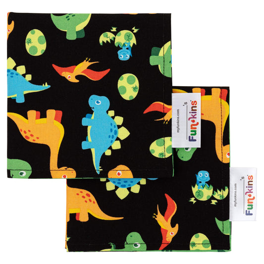Funkins Reusable Cloth Napkins for Kids | 12”x12”, 2-Ply, Thick, Absorbent, Durable | Machine Washable | Name Tag | Soft Cotton Fabric | Set of 2 Napkins (Black Dinosaurs)