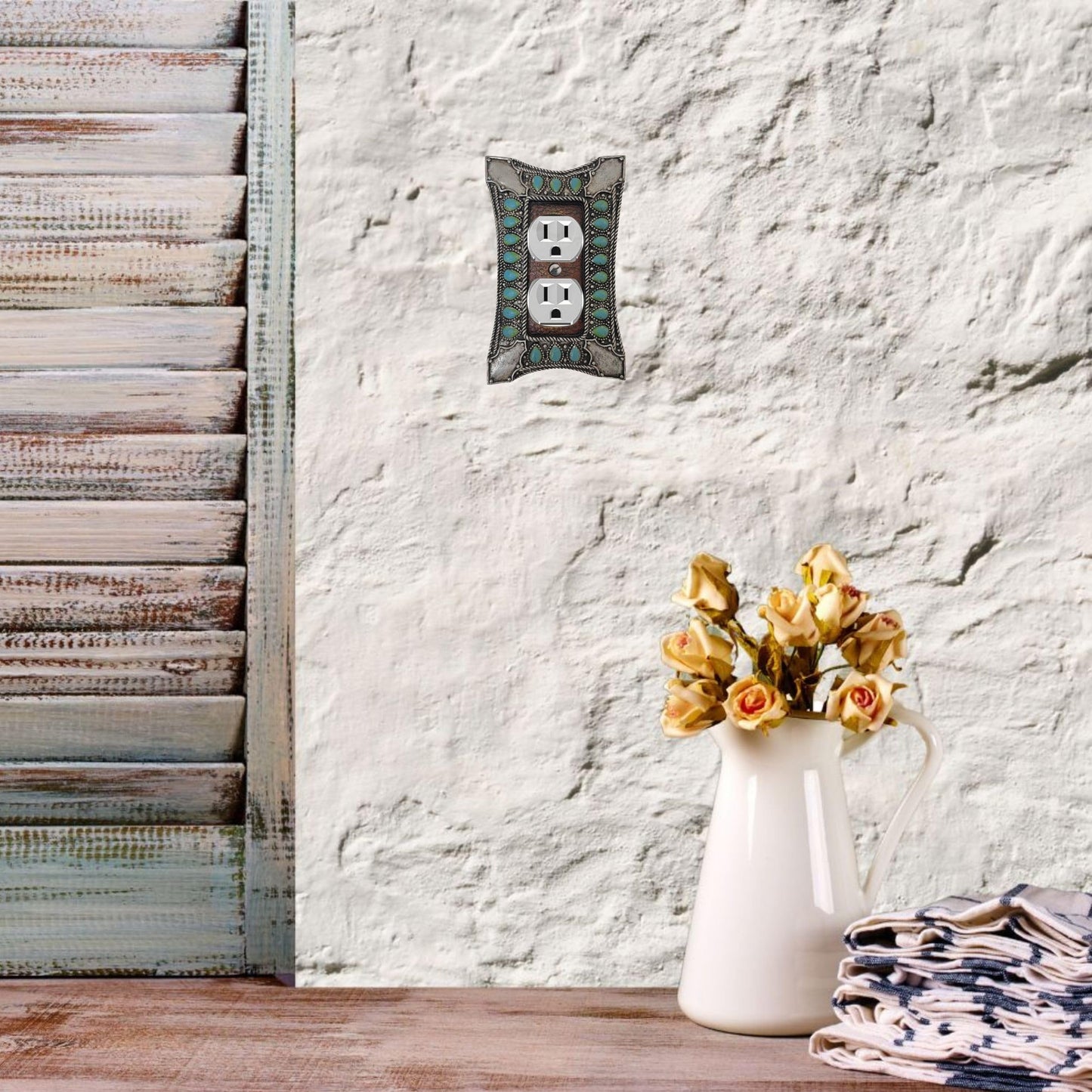 Double Outlet Cover Decorative Wall Plate - 1-Gang Light Switch Cover in Southwest Tooled Leather and Hand-Painted Faux Turquoise Gemstone Design - Southwestern & Native American Inspired Home Decor