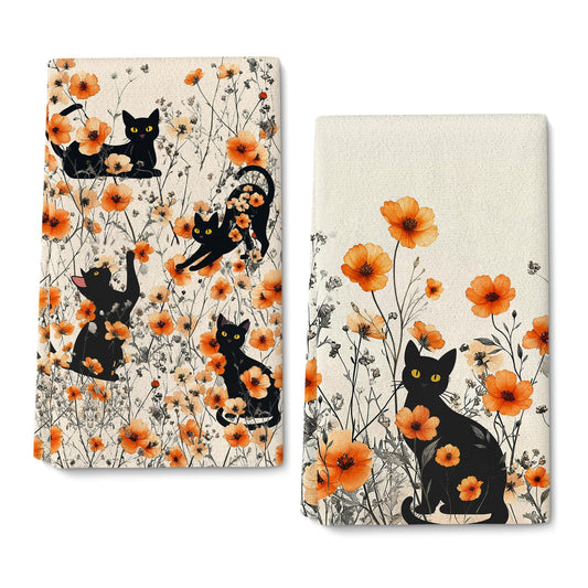 Oblivix Black Cat Dish Towels,Orange Floral Kitchen Towels Decorative Set of 2,Cute Soft Absorbent Reusable Tea Towel & Hand Towel,Black Cats Kitchen Deccor,Cat Lover Gifts for Woemen