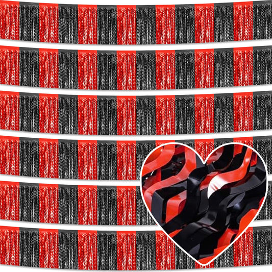 6 Pack 10 Feet Black Red Wave Foil Fringe Garland Metallic Tinsel Streamers Banner Wall Hanging Curtain Backdrop for Parade Floats, Mother's Day, Easter, Wedding, Birthday Party Decoration