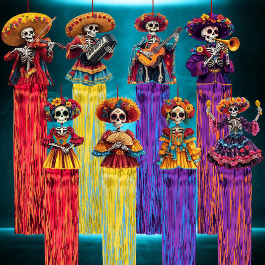 8 Pcs Day of The Dead Sugar Skull Hanging Decorations, 4.9 Ft Dia De Los Muertos Hanging Decorations for Dia de Los Muertos Altar, Ofrenda, Cemetery, Day of The Dead Party Home Outdoor Decor