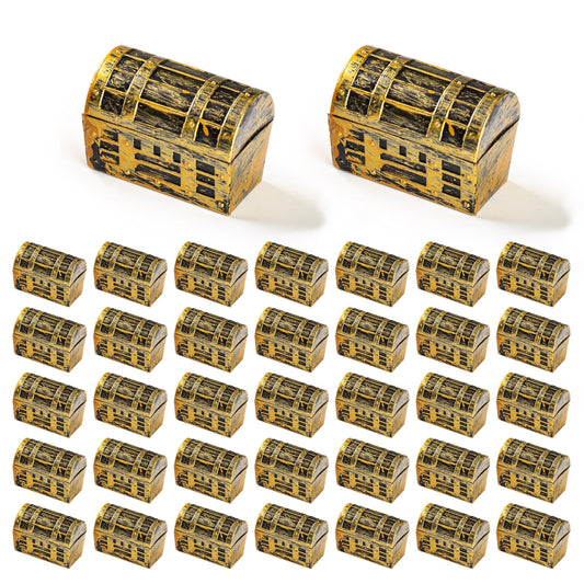 VELATYVIO 50Pcs Mini pirate treasure chest 1.42 x 0.67 x 1.06Inch Plastic toy pirate chest with a Gold finish Vintage pirate small decorative box for Kids prizes Halloween Birthday Party Props
