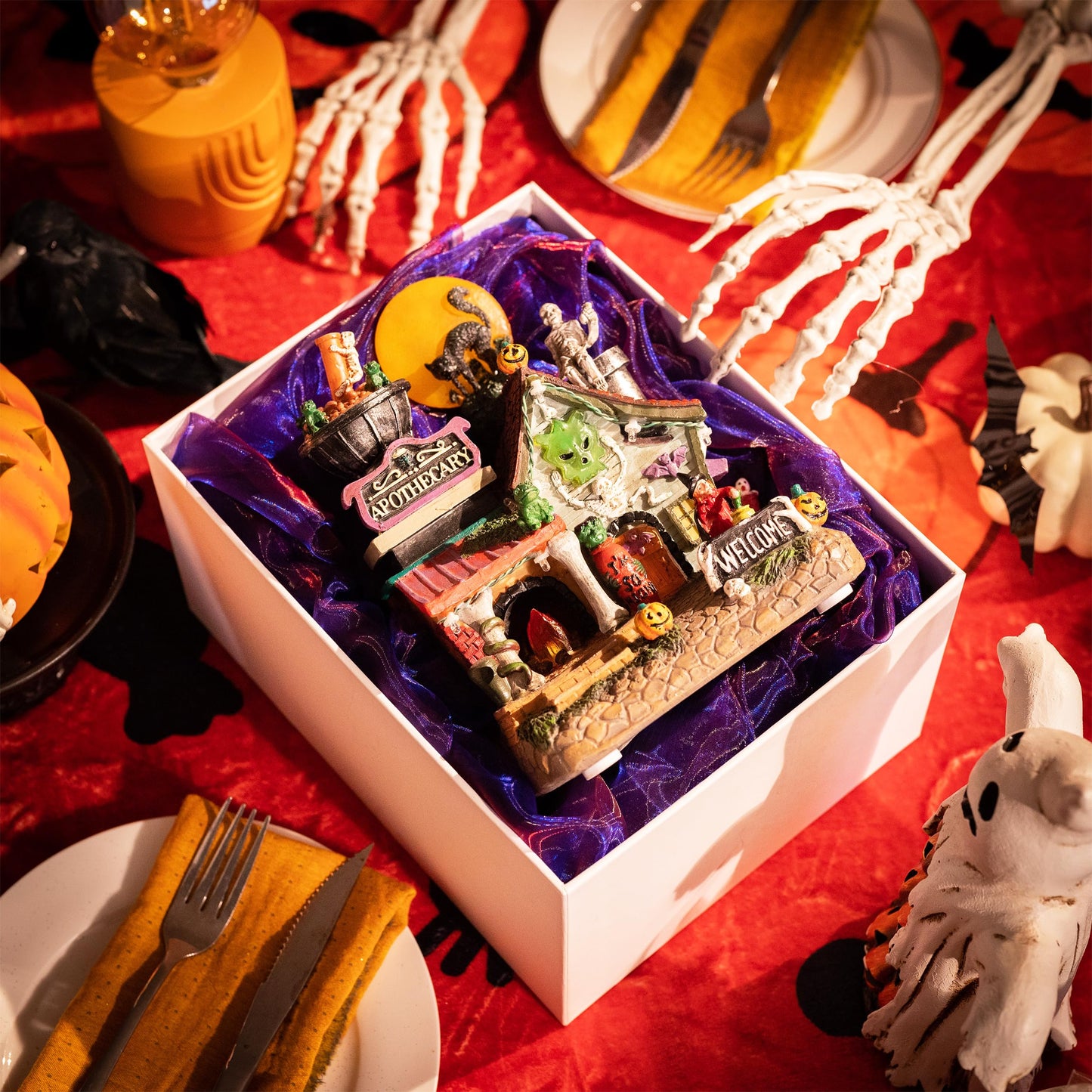 Valery Madelyn Halloween Decorations, Lighted Halloween Village Houses with Music and LED Lights, Resin Haunted House Spooky Town Scary Witch's Potion for Home and Party Table Desk Mantel, 8 Inch