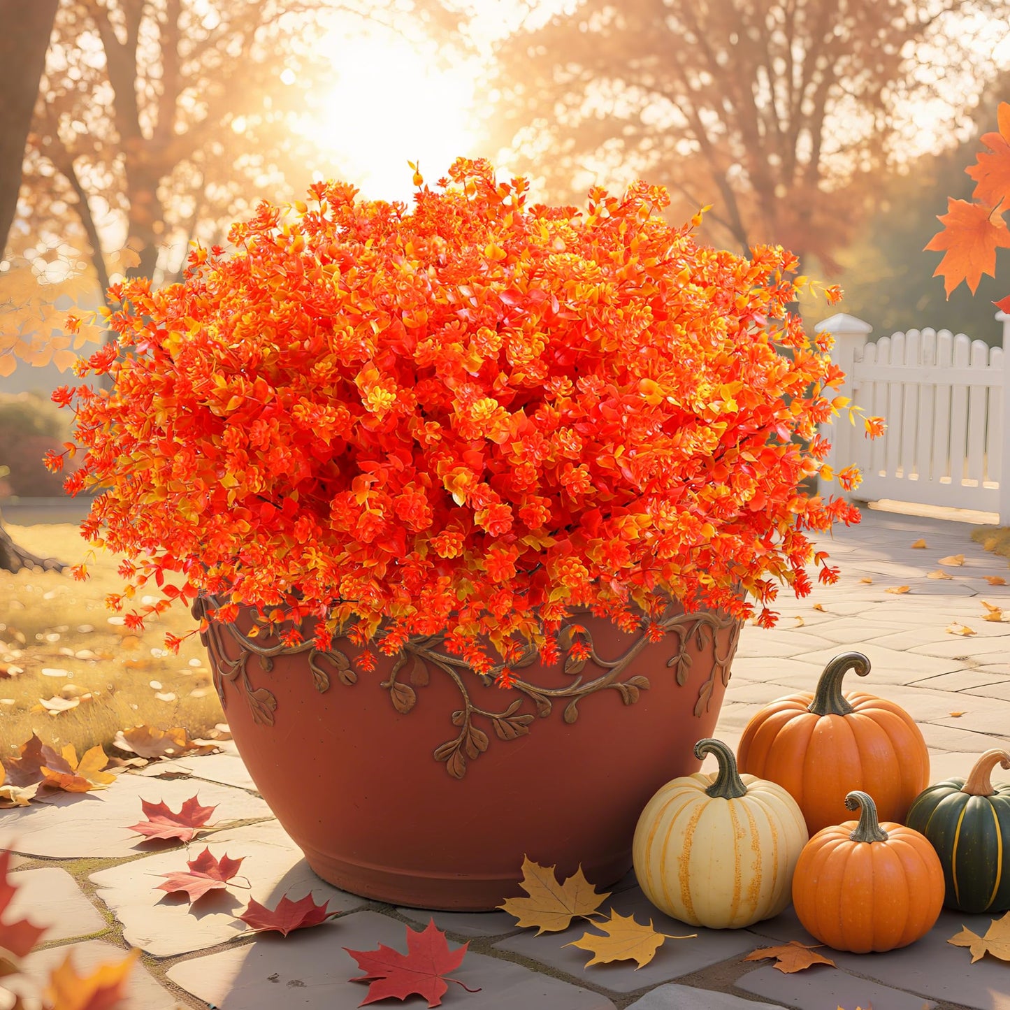 SITUMEIZI Artificial Mums for Outdoor Fall Flowers,Faux Flower Eucalyptus Leaves Fake Plants Greenery Outside Plastic Proch Patio Front Fall Halloween Thanksgiving Decorations(8Pcs,Orange)