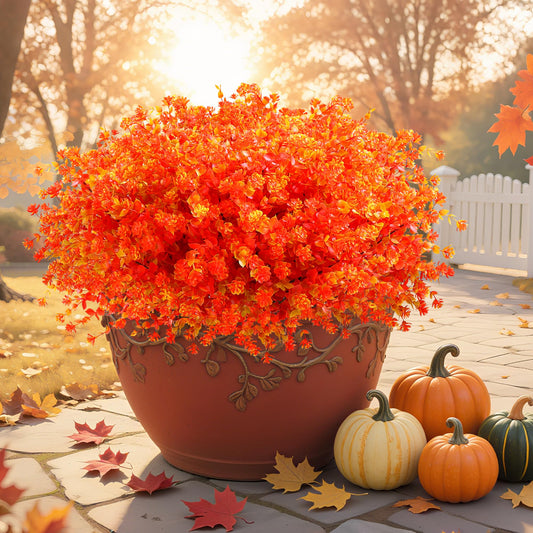 SITUMEIZI Artificial Mums for Outdoor Fall Flowers,Faux Flower Eucalyptus Leaves Fake Plants Greenery Outside Plastic Proch Patio Front Fall Halloween Thanksgiving Decorations(8Pcs,Orange)