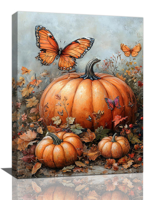 Fall Pumpkin Pictures Wall Art, Rustic Thanksgiving Bathroom Wall Decor, Farmhouse Autumn Butterfly Framed Painting Canvas Artwork for Harvest Gift Bedroom Living Room Decorations 16" L x 12" W