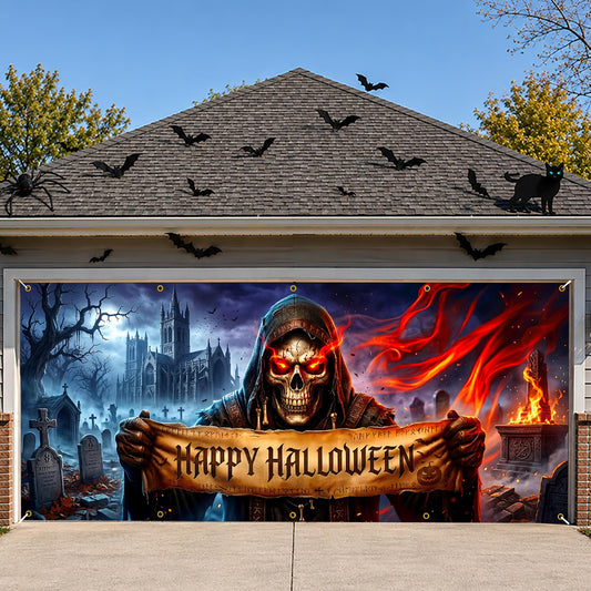 Halloween Garage Door Banner 13x6 FT Outdoor Decoration, Large Spooky Yard Decor Backdrop, Weatherproof Easy Install for Halloween Party (Funny Witch Cat Door Scene, 6 x 13 ft)