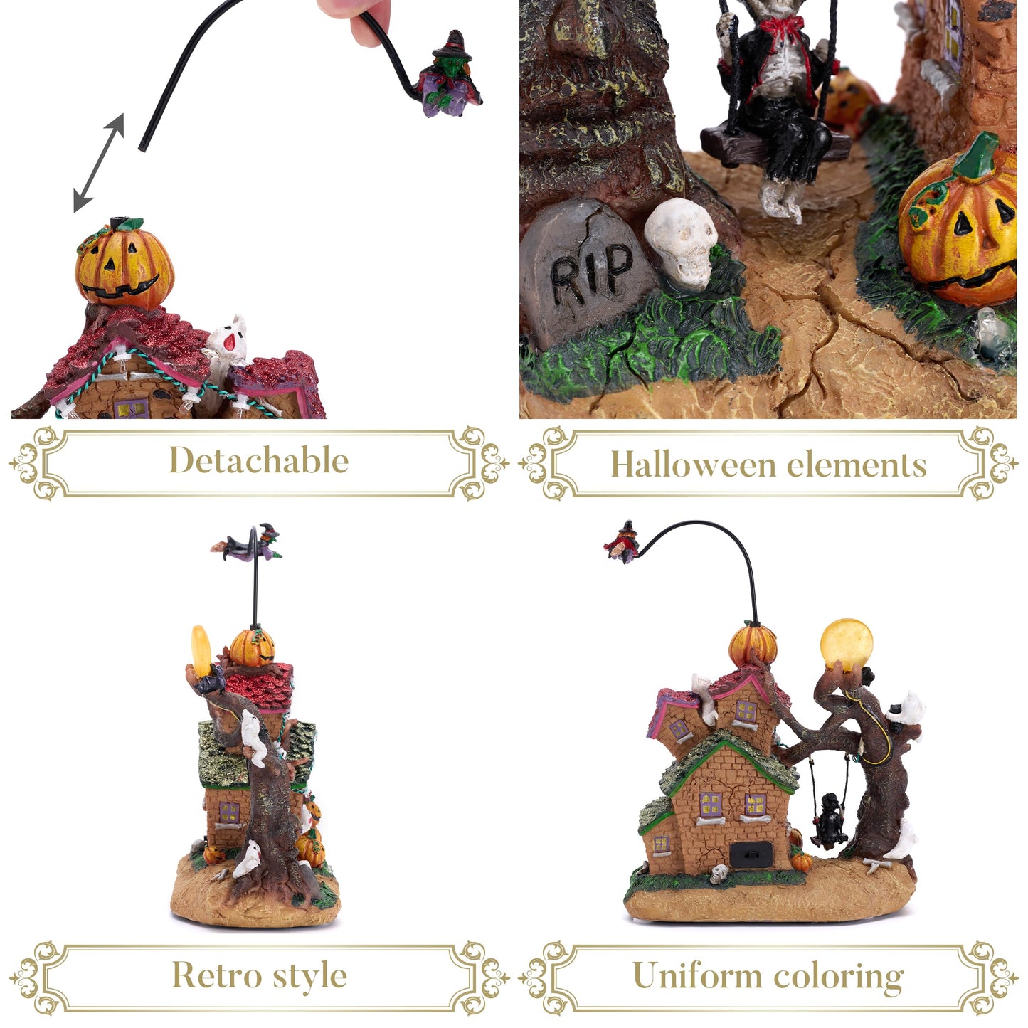 Valery Madelyn Halloween Decorations, Lighted Halloween Village Houses with Music and LED Lights, Resin Spooky Town Flying Witch and Haunted House for Home and Party Table Desk Mantel, 12 Inch