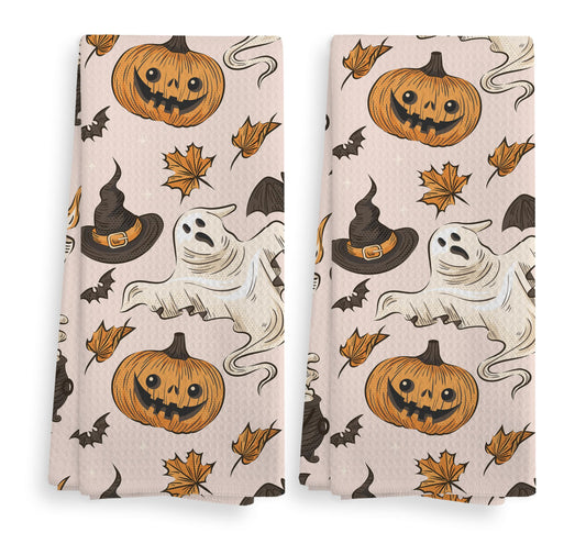 NOQL Halloween Pumpkin Kitchen Ghost Towels and Dishcloths Set of 2, Halloween Drying Cloth Hand Towels Tea Towels for Bathroom Decor, 16×24 Inch
