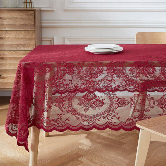 Noir Gothic DÉCOR 60 x 104 Rectangle Burgundy Red Lace Tablecloth for Gothic Kitchen Décor. Rectangular Gothic Tablecloth with Flower Design for Goth Theme or Halloween Party. (SHT Burgundy 60x104)