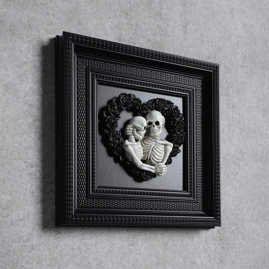 Skeleton Couple Hugging 3d Wall Sculpture Love Never Dies Black Wedding Roses Heart Wreath with Black Framed for Home Decor Accents, Living Room, Entryway Wall Art, Gothic Wall Decor