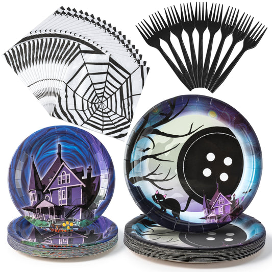 BOpusail 96P Starry Night Ghost House Party Tableware Set, Party Supplies for Kids Birthday School Spooky Night Theme Serves 24 Guests, Disposable Dinnerware Paper Dessert Dinner Plates Napkins Forks