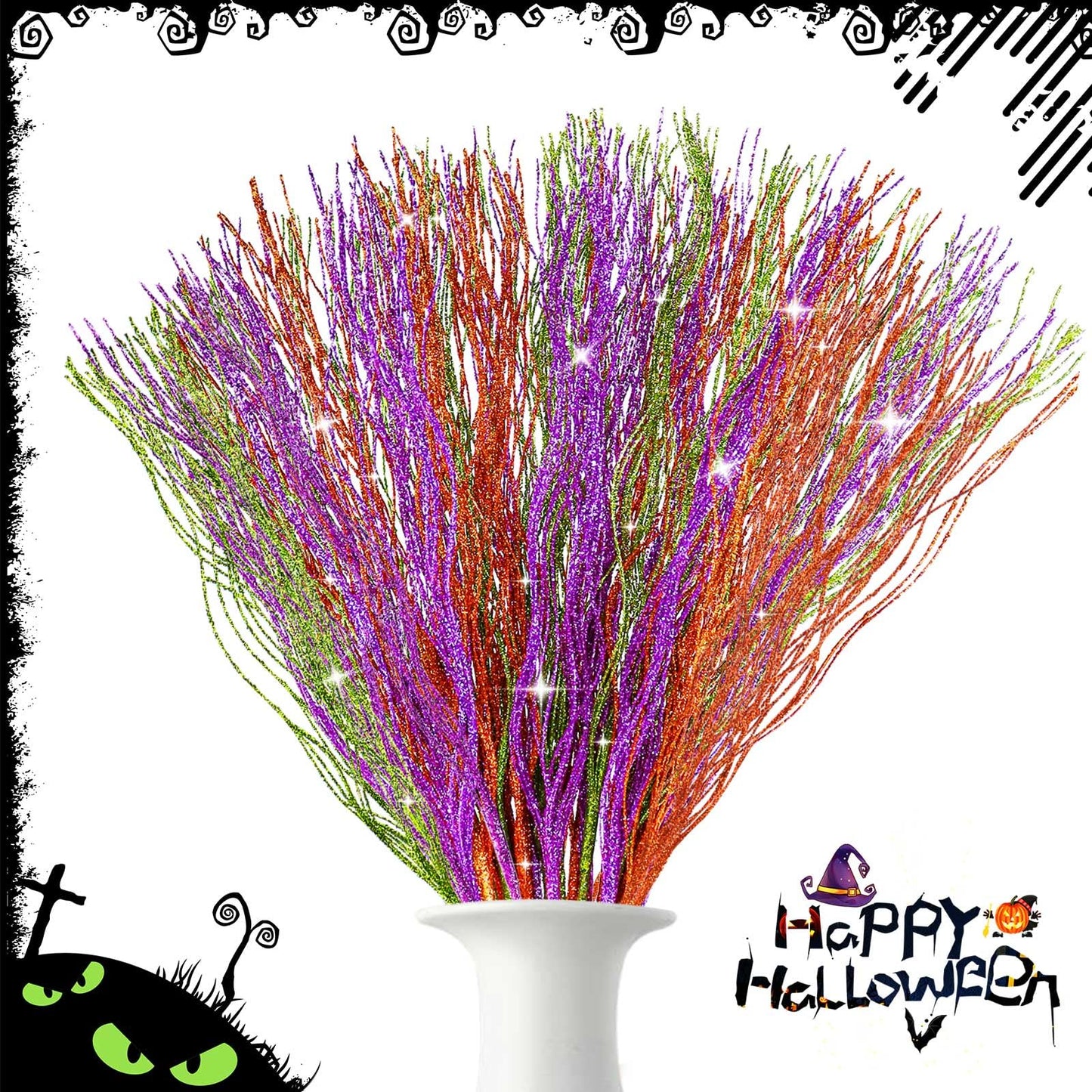 YBB 30Pcs Halloween Artificial Glitter Branches, 17 Inch Fall Stem Floral Picks Decorative Twigs for Halloween Thanksgiving Day Home Table Vase Decoration (Green&Purple&Orange)