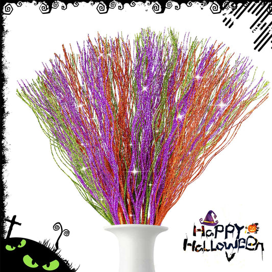 YBB 30Pcs Halloween Artificial Glitter Branches, 17 Inch Fall Stem Floral Picks Decorative Twigs for Halloween Thanksgiving Day Home Table Vase Decoration (Green&Purple&Orange)