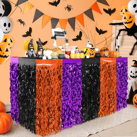 Halloween Party Decorations, 2 Pack Orange Purple Black Wavy Metallic Tinsel Foil Fringe Table Skirts, Perfect Rectangle or Round Table Decor for Halloween Birthday Home Indoor Outdoor Party Supplies