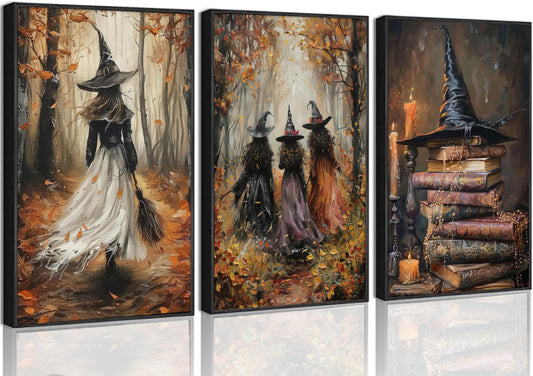 3Pcs Halloween Vintage Witch Canvas Wall Art Retro Forest Witch Books Dark Academia Gothic Painting Picture Wall Decor Poster Print Artwork For Hallway Bathroom Bedroom Home Decor Unframed