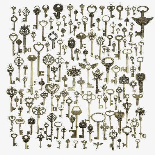 Vintage Skeleton Crafts Key Charms: 130Pcs Mixed Decorative Antique Style Bronze Keys Charms for Jewelry Making, Room Decor, Harry Potter Party Favors, Keychain Pendants, DIY Necklaces Bracelets