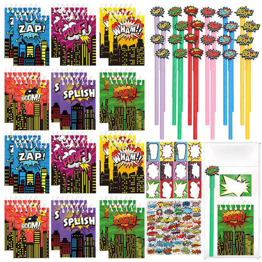 APZ 196 Pcs Hero Party Supplies Favors Include 24 Pack Spiral Notepads Ballpoint Pens Name Sticker Bags 100 Pcs Stickers for Party Birthday Goodie Bag Stuffers Teacher Classroom Rewards Supplies