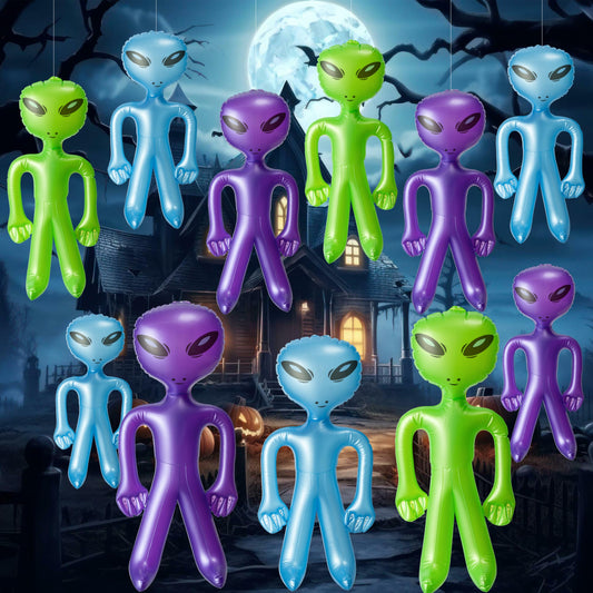 Haooryx Halloween Inflatable Alien Decoration - 12 Set Inflatable Alien Ornament with Hanging Rope and Hooks Blow Up Halloween Mini Balloon Toys for Halloween Party Outdoor Garden Yard Lawn Door Decor