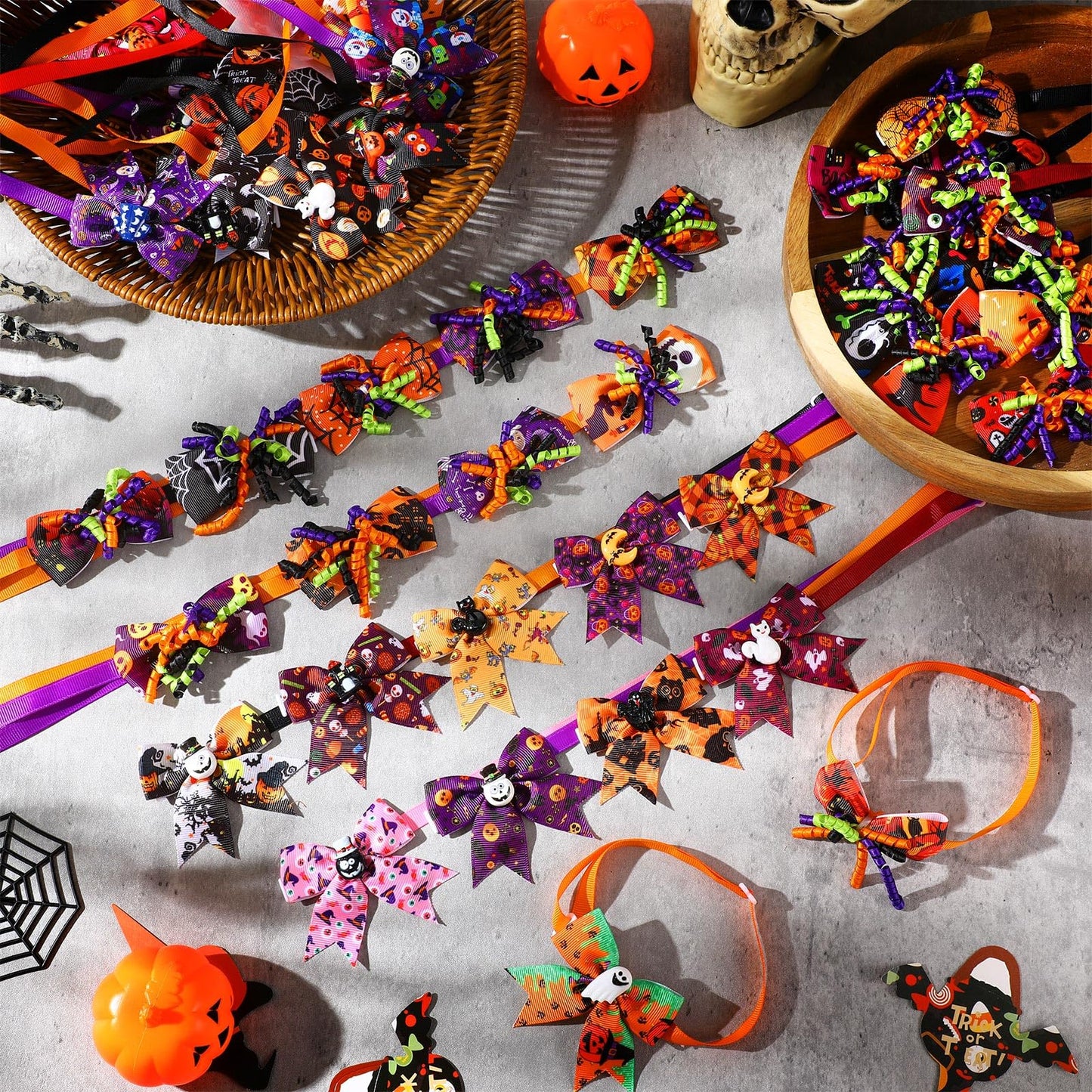 Huhumy 50 Pcs Halloween Dog Bow Ties Halloween Dog Collars Bulk Pet Collar Neckties Accessories for Small Medium Pet Cat Outfit Cosplay Party Supplies