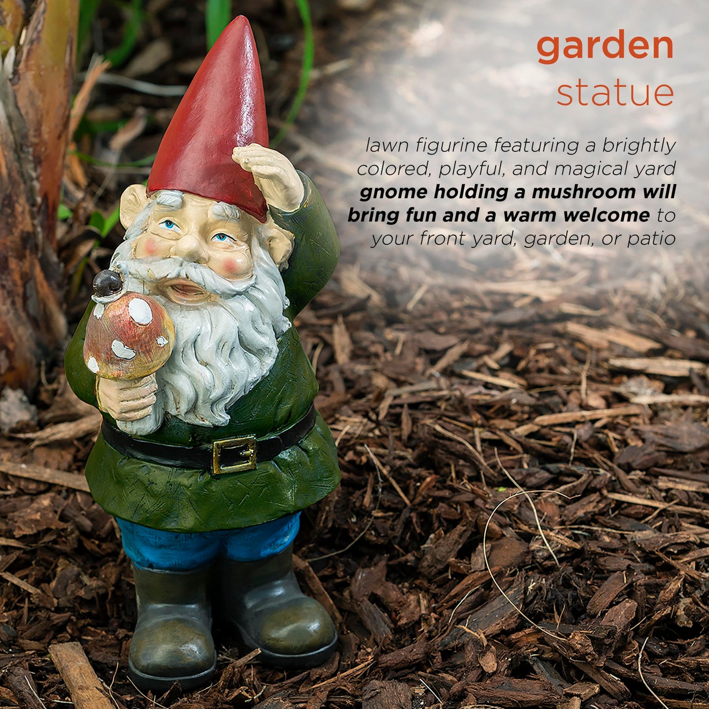Alpine Corporation 12" Tall Outdoor Garden Gnome with Mushroom Yard Statue Decoration
