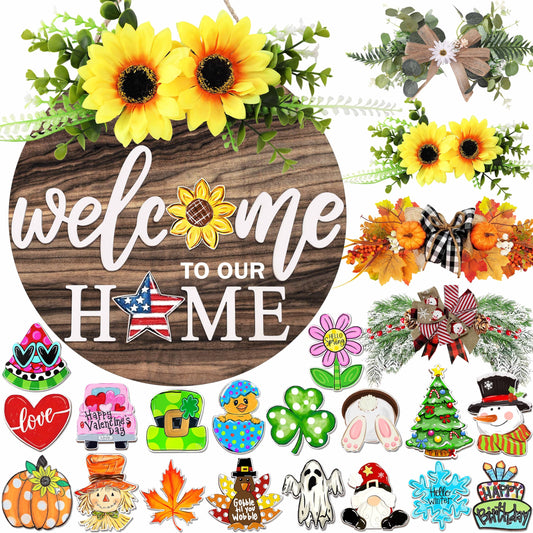 Interchangeable Welcome Sign for Front Door with 4 Seasonal Wreaths 21 Changeable Icons, Farmhouse Rustic Outdoor Welcome Signs Porch, Spring Winter Fall Decorations for Home House Warming Gifts