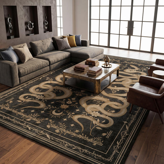 Garvee Snake Gothic 9x12 Area Rug Dark Whimsical Moody Witchy Unique Soft Thin Large Carpet for Living Room Bedroom Dining Room Playroom Indoor Decor Low Pile TPE Backing Black Gray